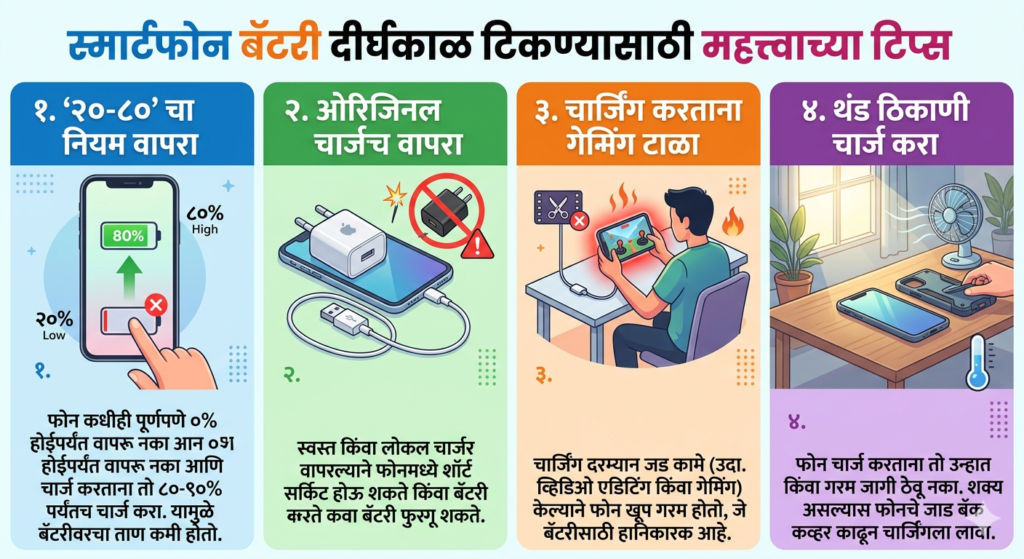 Fast Charging "एका मोबाईल स्क्रीनचा फोटो ज्यावर स्मार्टफोन बॅटरी वाढवण्याच्या टिप्स मराठीत लिहिल्या आहेत. इमेजमध्ये चार मुख्य मुद्दे दिले आहेत: १. २०-८० नियम वापरणे, २. ओरिजिनल चार्जर वापरणे, ३. चार्जिंग करताना गेमिंग टाळणे, आणि ४. फोन थंड ठिकाणी चार्ज करणे. सोबतच एक ग्राफिक आहे ज्यामध्ये हे मुद्दे चित्रांद्वारे स्पष्ट केले आहेत."
