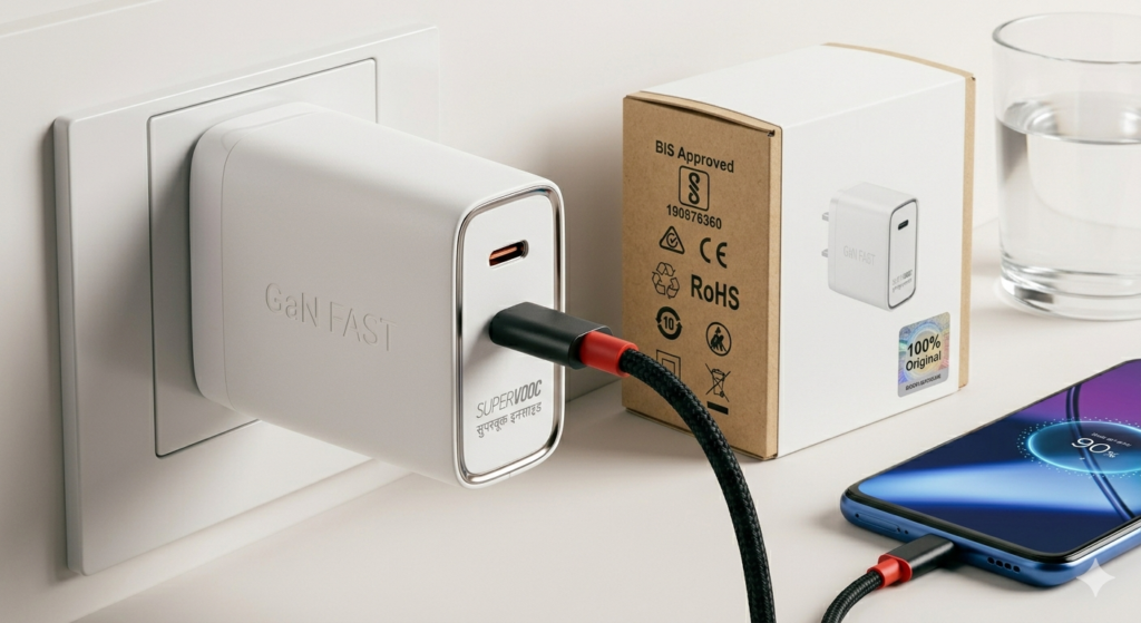 ​स्मार्टफोनसाठी वापरला जाणारा आधुनिक Fast Charger आणि टाइप-सी चार्जिंग केबलचे क्लोज-अप दृश्य.