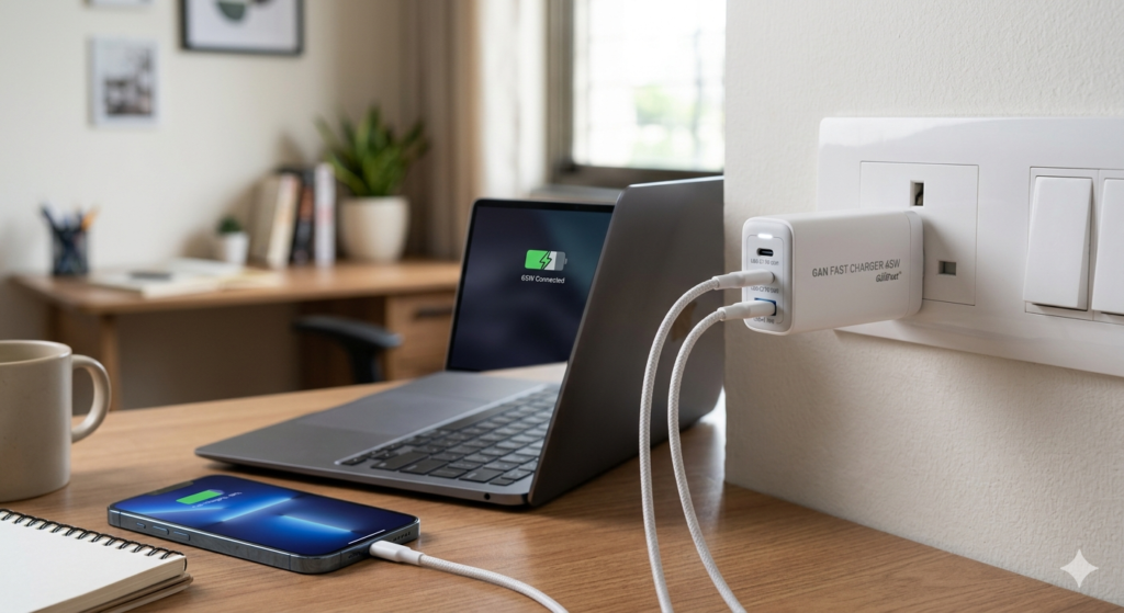 Fast Charging charger एका लाकडी टेबलावर लॅपटॉप आणि स्मार्टफोन चार्ज होत असल्याचे चित्र. भिंतीवरील सॉकेटमध्ये पांढऱ्या रंगाचा दुहेरी पोर्ट असलेला चार्जर लावला आहे, ज्यातून दोन पांढऱ्या केबल्स लॅपटॉप आणि फोनला जोडल्या आहेत. पार्श्वभूमीत एक कप आणि काही पुस्तके दिसत आहेत.