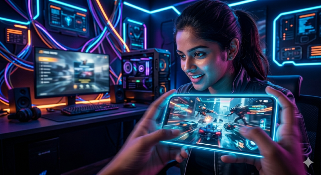 Nova 2 5G स्मार्टफोनवर गेमिंग करतानाची इमेज - प्रगत AI प्रोसेसर आणि सुपरफास्ट परफॉर्मन्स.