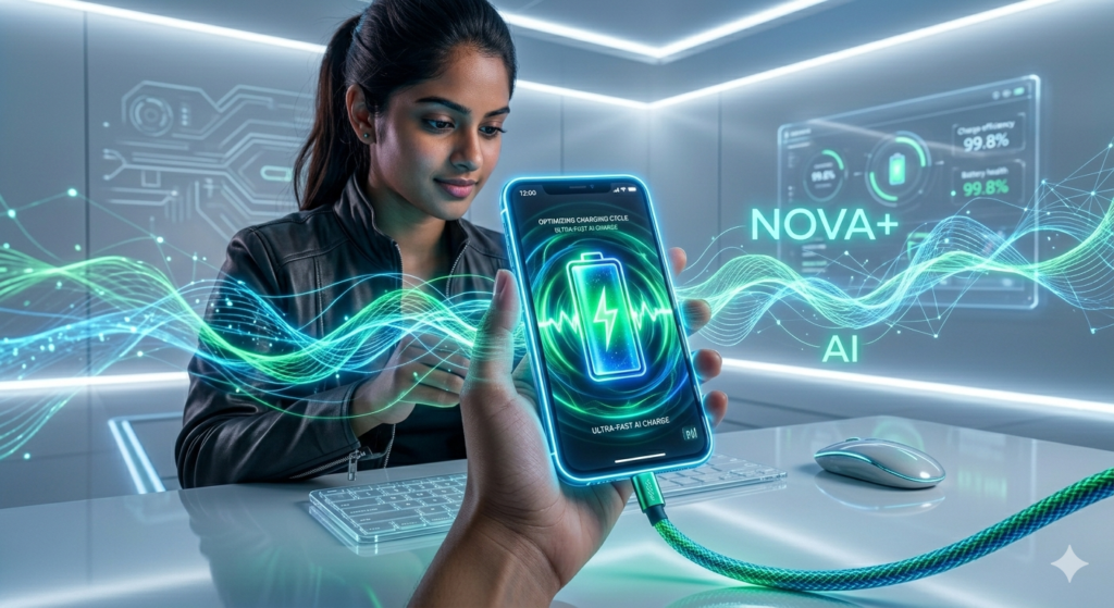 Nova 2 5G फोनवरील प्रगत AI तंत्रज्ञान आणि मोबाइल चार्जिंग चा अनुभव दर्शवणारे चित्र.