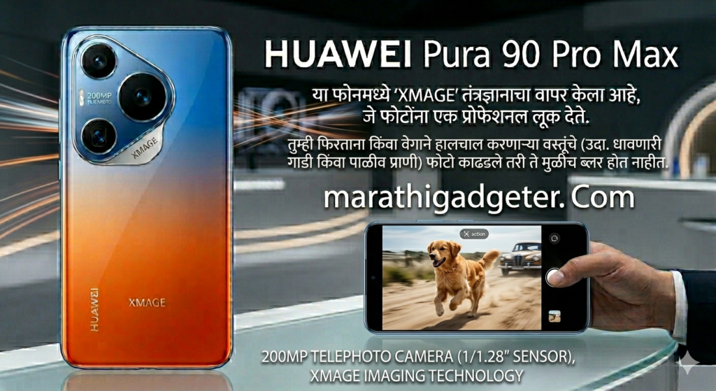 HUAWEI Pura 90 Pro Max चा मागील भाग, तीन कॅमेरा लेन्स, XMAGE ब्रँडिंग आणि 200MP टेलिफोटो कॅमेरा 1/1.28 इंच सेन्सर सह दाखवणारा इमेज. स्क्रीनवर कुत्रा आणि जीपचा नमुना फोटो