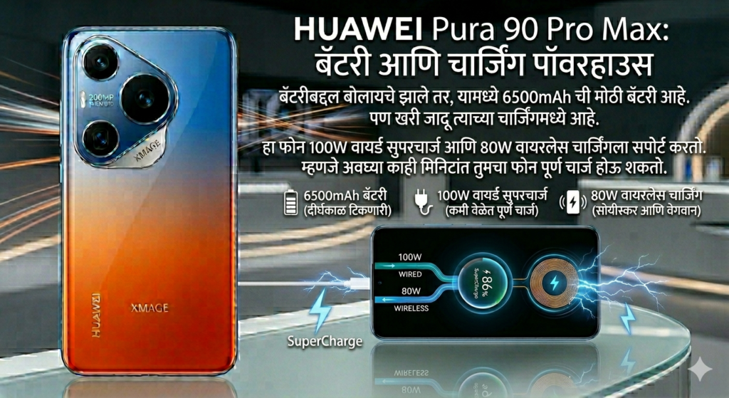 HUAWEI Pura 90 Pro Max स्मार्टफोनची बॅटरी आणि चार्जिंग फिचर्स दाखवणारा ग्राफिक. ऑरेंज-ब्लू ग्रेडिएंट फोन, 6500mAh बॅटरी, 100W वायर्ड सुपरचार्ज आणि 80W वायरलेस चार्जिंगचा तपशील.