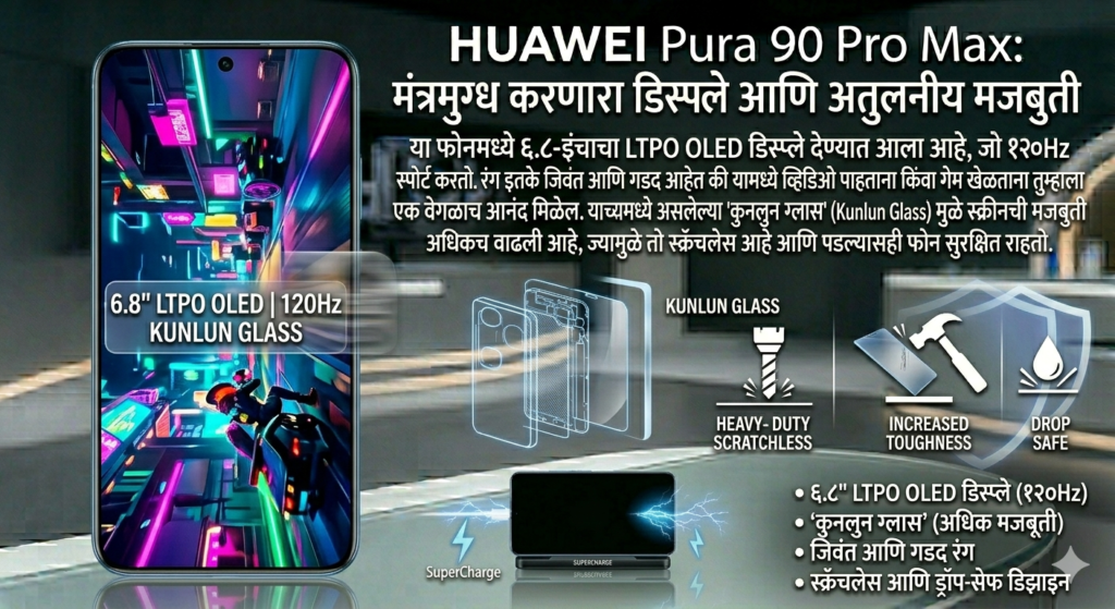 "Huawei Pura 90 Pro Max डिस्प्ले आणि कुनलुन ग्लास प्रोटेक्शनची तांत्रिक माहिती दर्शवणारे इन्फोग्राफिक."