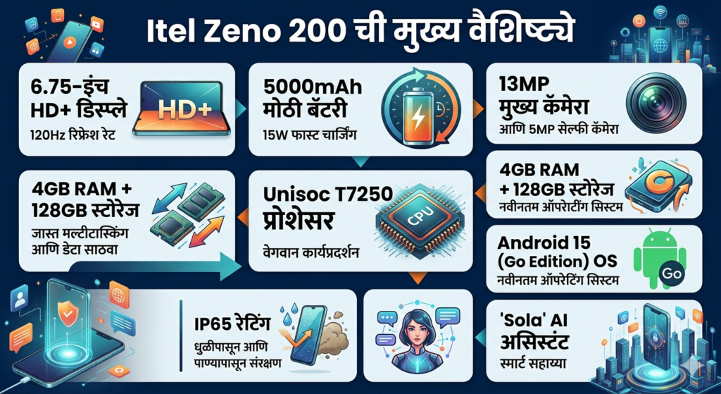 Itel Zeno 200 स्मार्टफोनच्या मुख्य वैशिष्ट्यांचे इन्फोग्राफिक पोस्टर. यामध्ये ६.७५-इंच HD+ डिस्प्ले, ५०००mAh बॅटरी, १३MP मुख्य कॅमेरा, ४GB रॅम, १२८GB स्टोरेज, Unisoc T7250 प्रोसेसर, Android 15 आणि Sola AI असिस्टंट यांसारख्या तांत्रिक गोष्टींची सविस्तर माहिती आयकॉन्ससह दिली आहे."