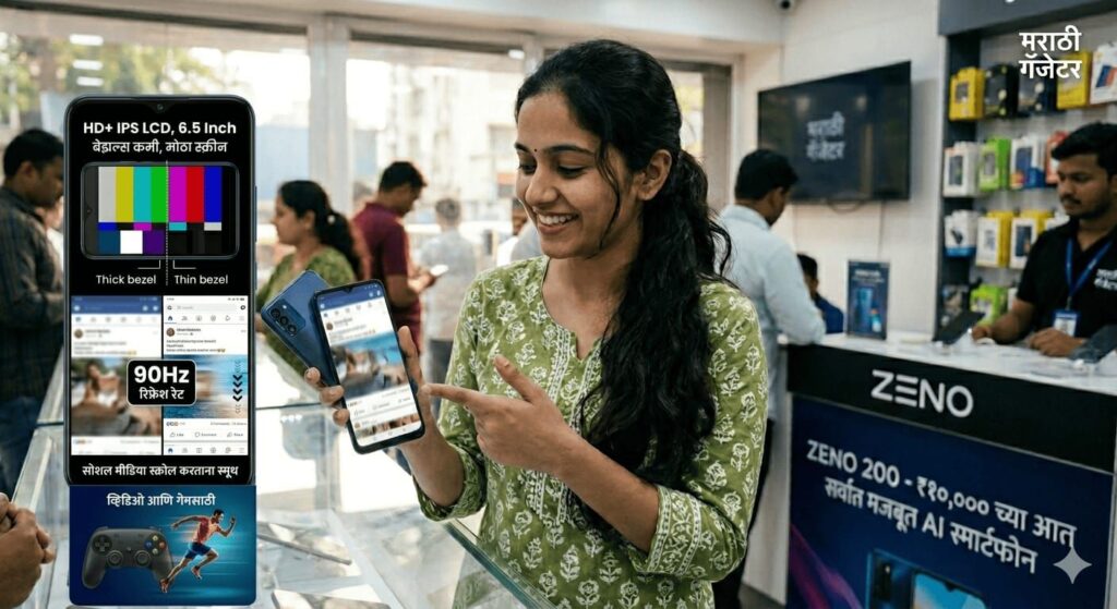 ​"एका मोबाईल स्क्रीनवर मराठीत लिहिलेला लेख दिसत आहे, ज्यामध्ये एका तरुणीचा फोटो आहे जी हातात स्मार्टफोन धरून तो दाखवत आहे. लेखाचा विषय 