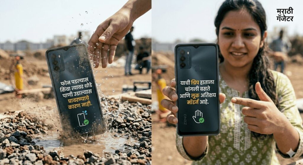 ​"मोबाईल स्क्रीनवरील एका लेखाचा भाग ज्यामध्ये दोन फोटोंचे कोलाज आहे. पहिल्या भागात फोनवर पाणी उडताना दिसत असून तो चिखलात सुरक्षित उभा आहे, तर दुसऱ्या भागात एक तरुणी फोनची ग्रीप आणि लूक दाखवत आहे. लेखात फोनच्या वॉटर रेसिस्टन्स आणि मजबूत पकडीबद्दल (Grip) माहिती दिली आहे."