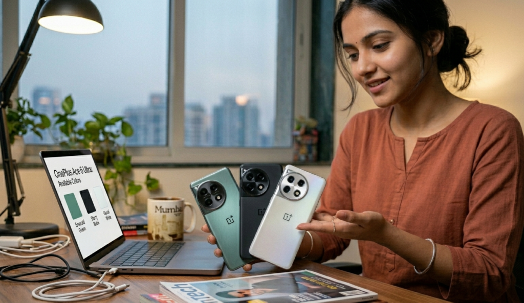 ​"OnePlus Ace 6 Ultra चे तीन मुख्य रंग - मिस्टिक ग्रीन, स्टारी ब्लॅक आणि ग्लेशियर व्हाईट दर्शवणारी इमेज. सोबतच फोनमधील शक्तिशाली प्रोसेसर आणि गेमिंग क्षमतेचे मराठीत वर्णन दिले आहे."